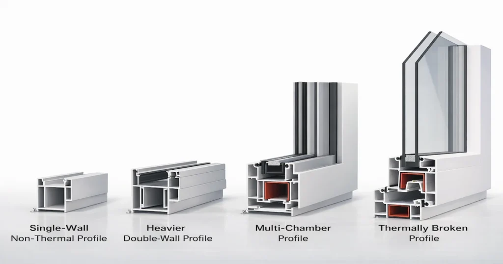 comparison of single-wall non-thermal double-wall multi-chamber and thermally broken aluminum window profiles