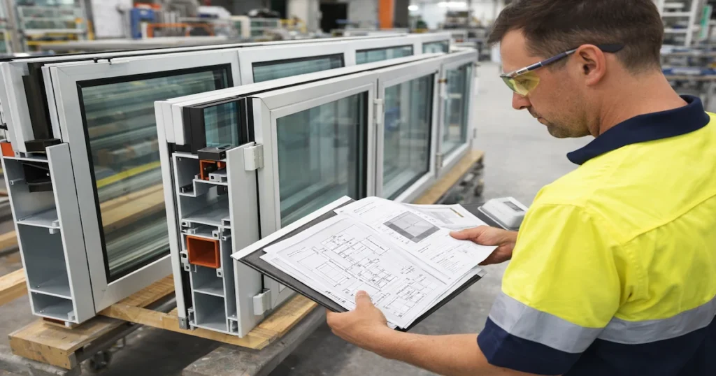 inspector reviewing aluminum window profile drawings glass specifications and finished window units in factory