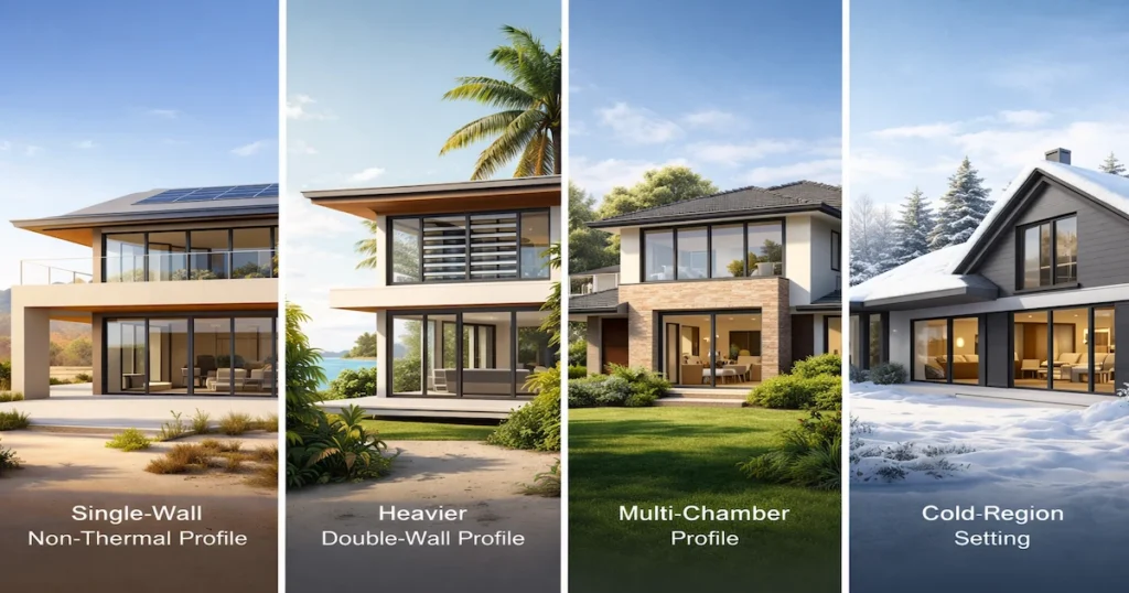 Australian climate-based house window selection showing aluminum windows for hot dry tropical temperate and cold regions