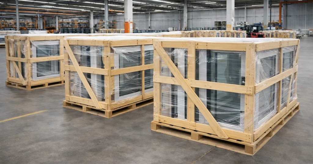 export-ready aluminum windows packed in wooden crates and protective wrapping in warehouse