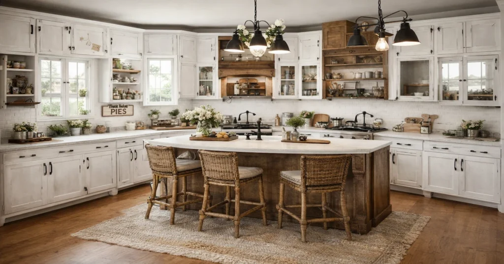 rustic farmhouse kitchen cabinets with wooden textures and vintage style